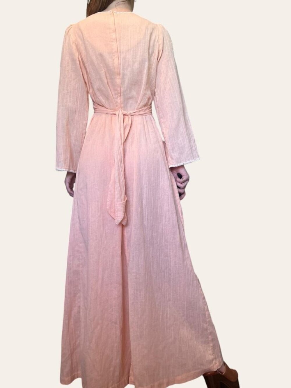 Handmade 70s vintage peach lace cottagecore maxi dress - XS/Small/Medium - Picture 4 of 6